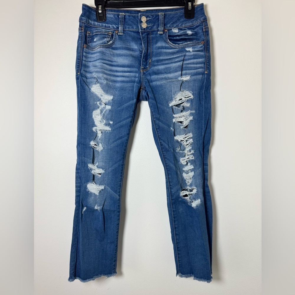 AE Artist Crop Jeans Womens 8 Distressed High Rise Button Fly Stretch